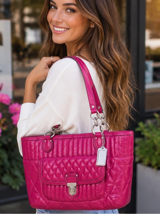 バッグ Coach Madison Maggie Tote Leather Pink Coach Madison Maggie Quilted Leather Tote Pink Fuchsia Shoulder